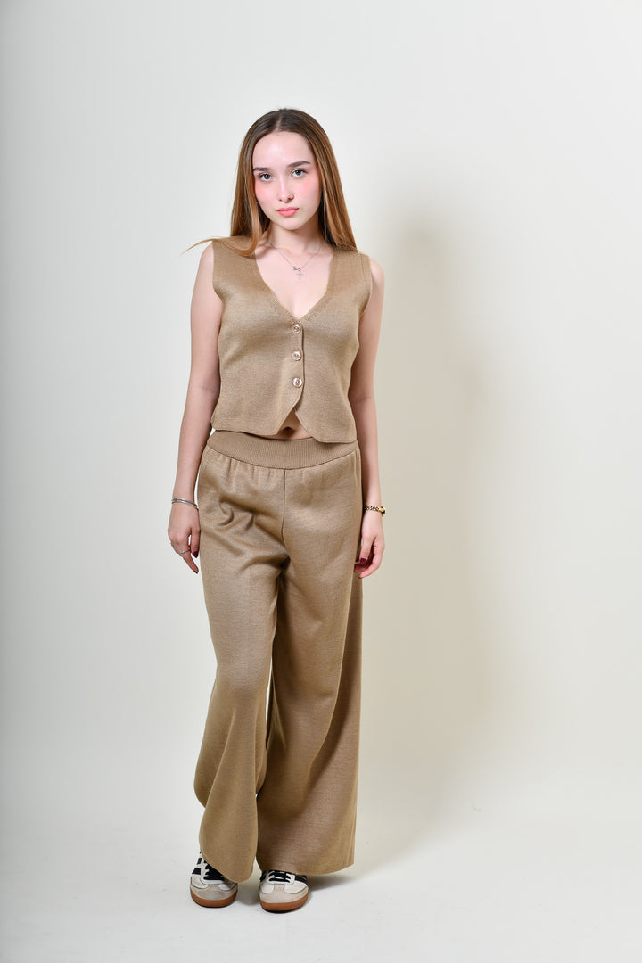 Pantalón Ancho Tejido - Caqui