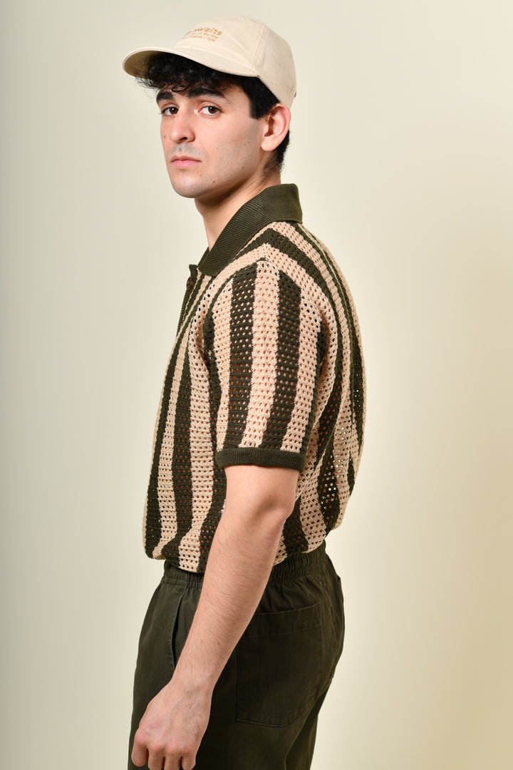 Playera Tipo Polo - Tejida ( verde - beige )