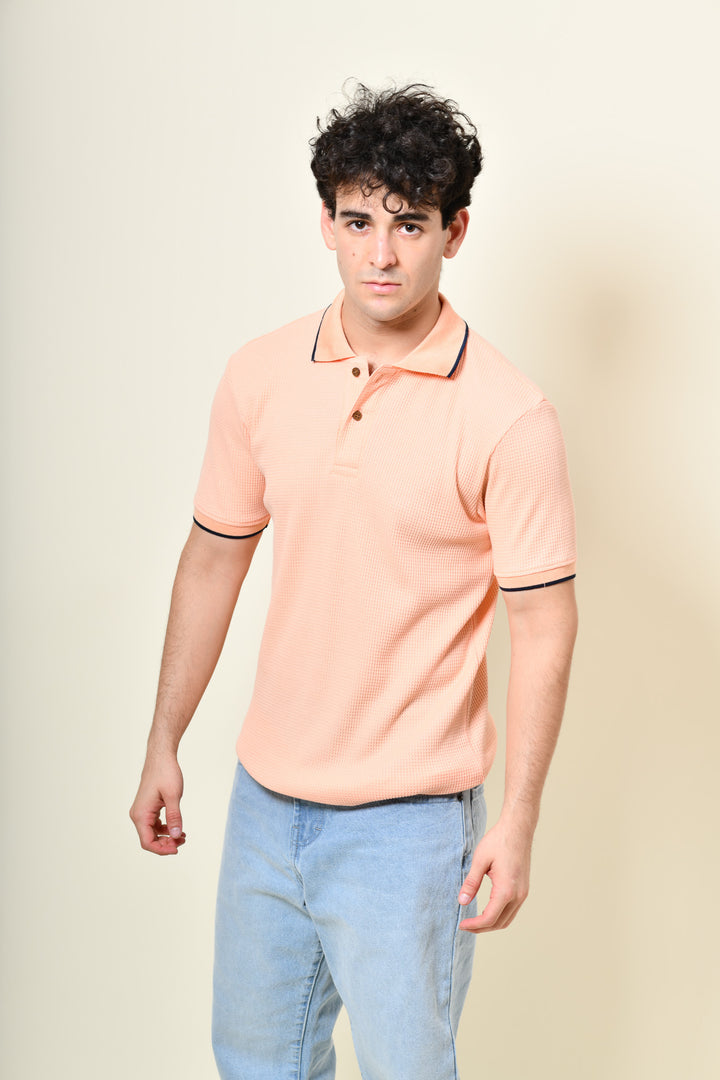 Playera Tipo Polo Tela Waffle - Salmón