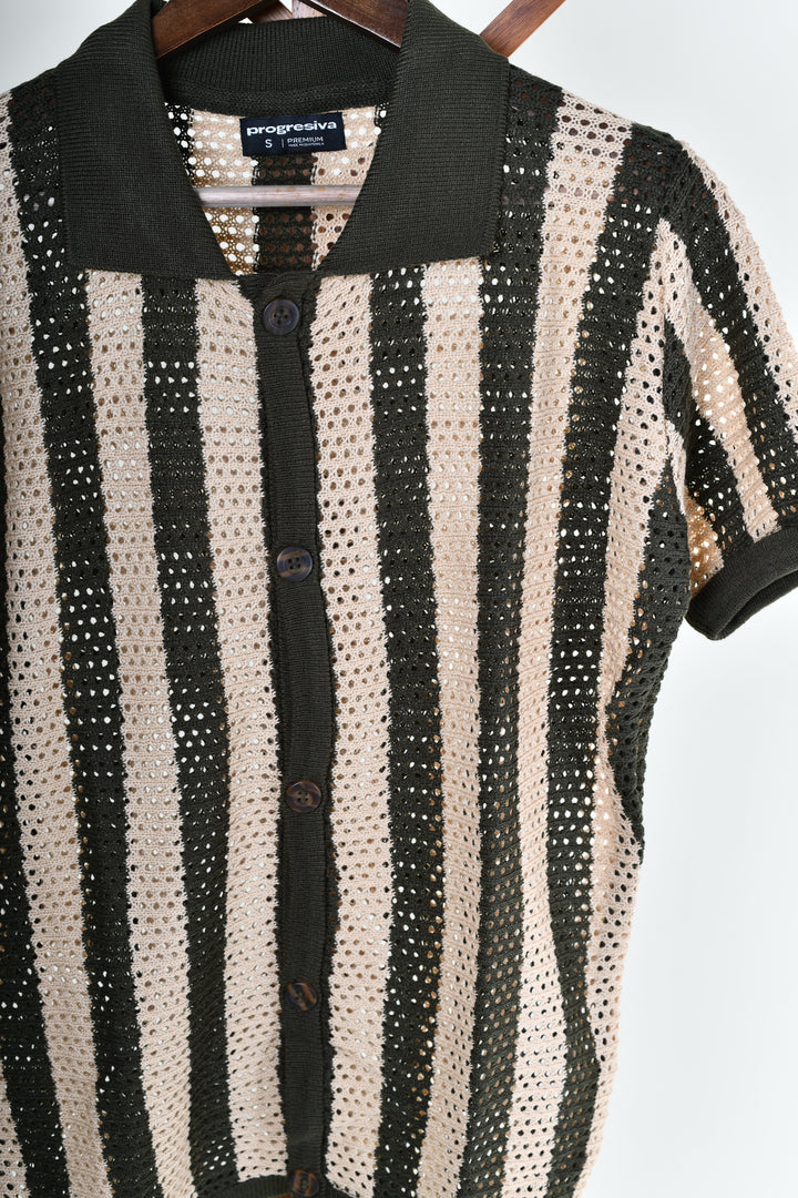 Playera Tipo Polo - Tejida ( verde - beige )