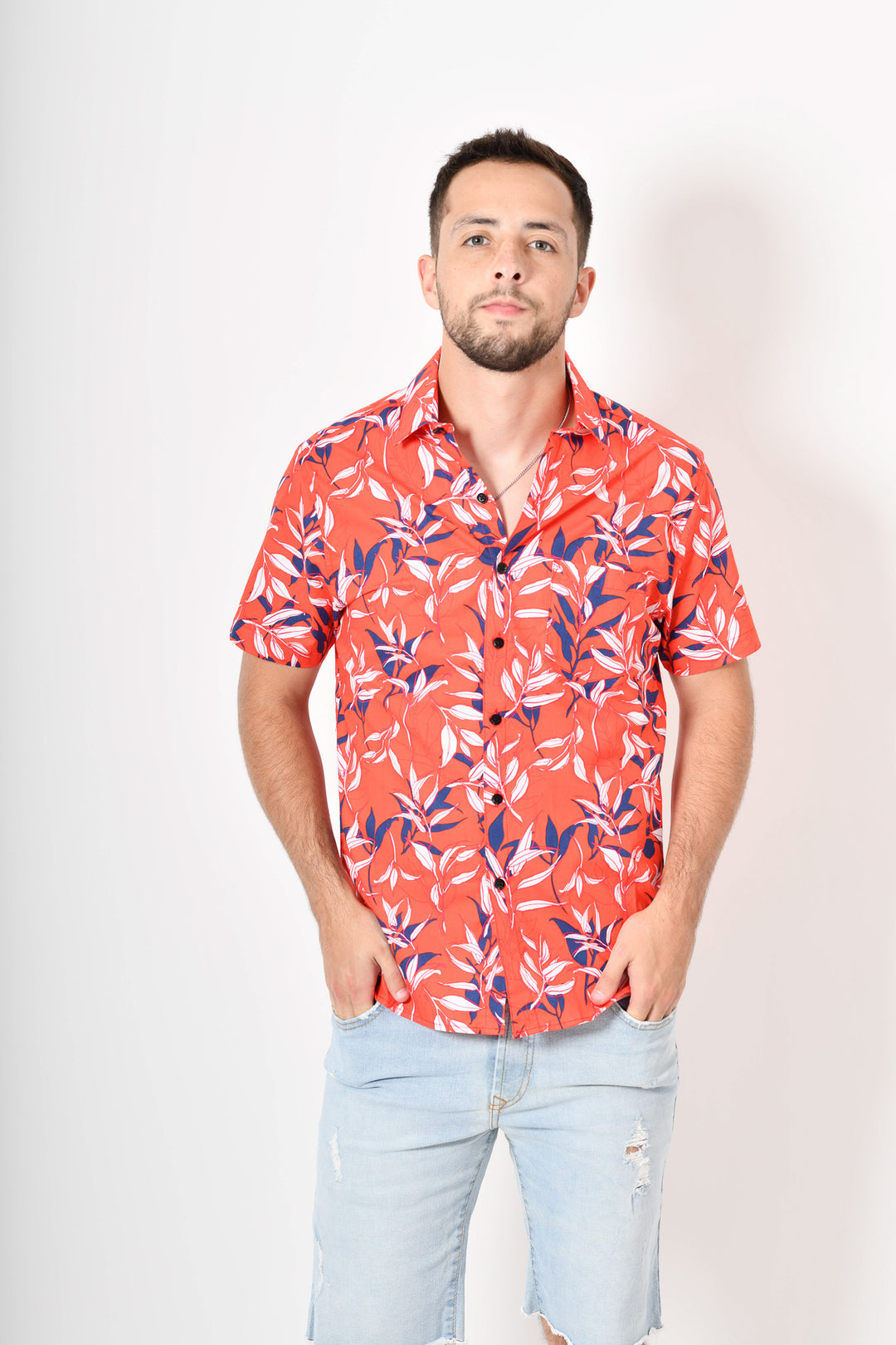Camisa tropical de flores -  roja blanca