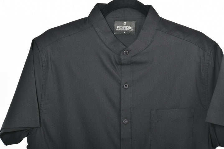 Camisa oxford manga corta cuello chino - negro