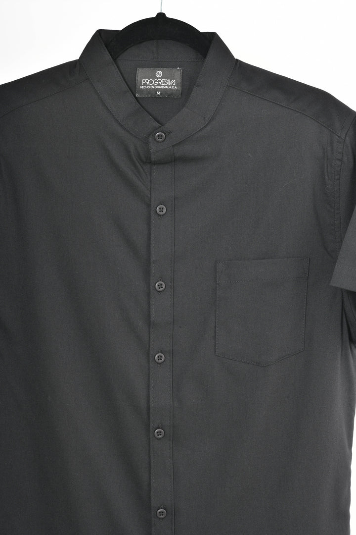 Camisa oxford manga corta cuello chino - negro