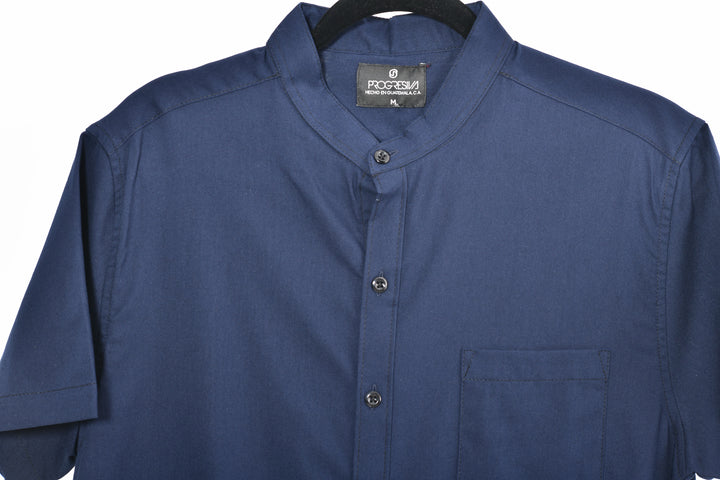 Camisa oxford manga corta cuello chino - azul marino