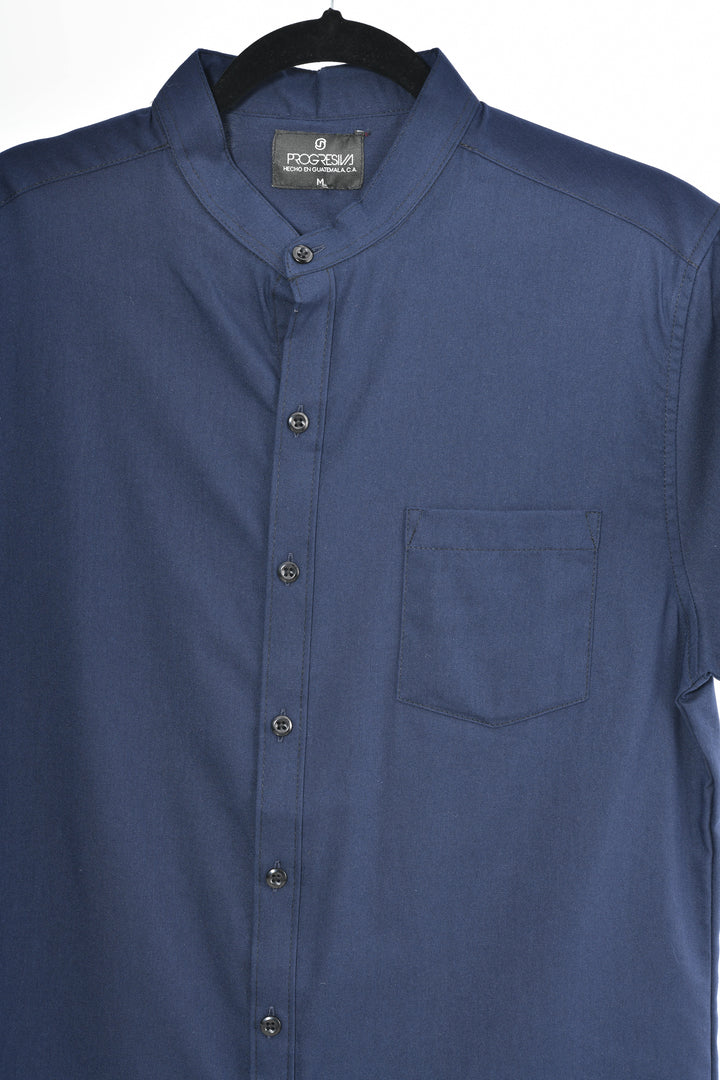 Camisa oxford manga corta cuello chino - azul marino