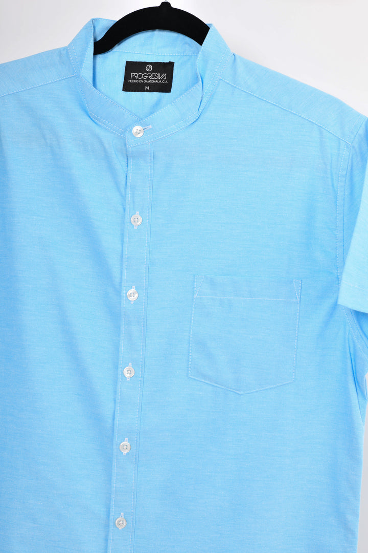 Camisa oxford manga corta cuello chino - cielo