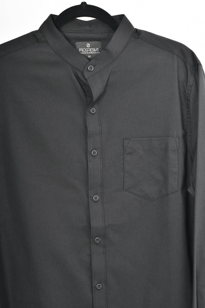 Camisa oxford manga larga cuello chino - negro