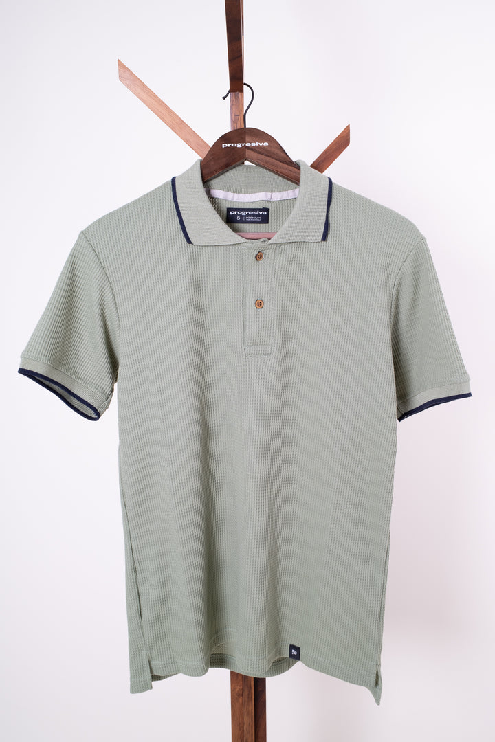 Playera Tipo Polo Tela Waffle - Verde Menta