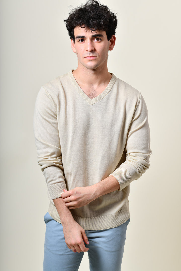 Suéter tejido - cuello V - Beige