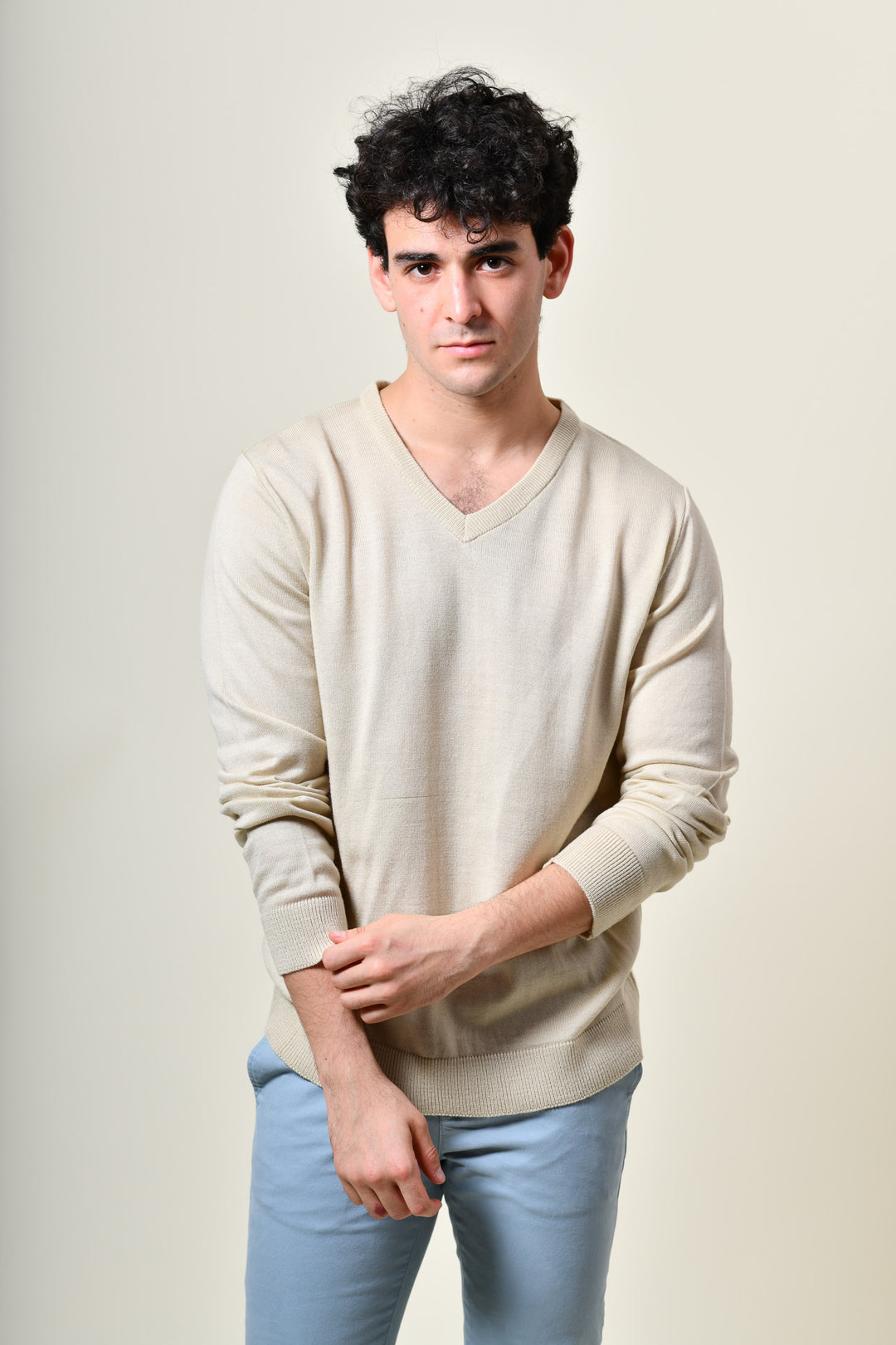 Suéter tejido - cuello V - Beige