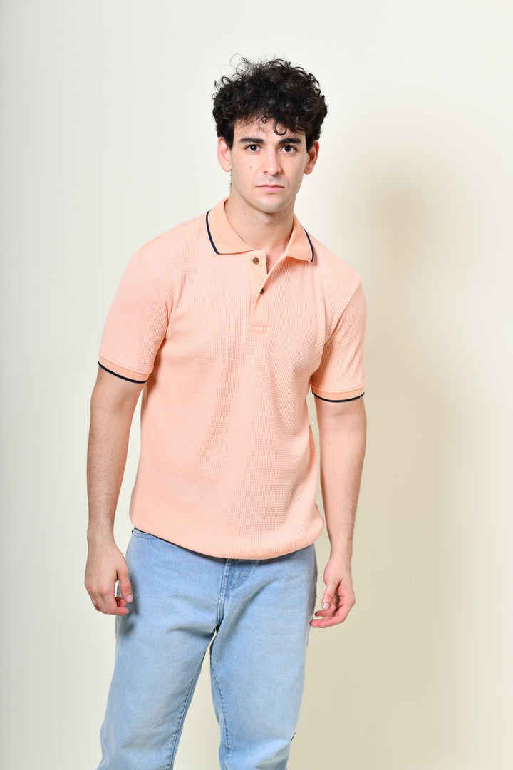Playera Tipo Polo Tela Waffle - Salmón