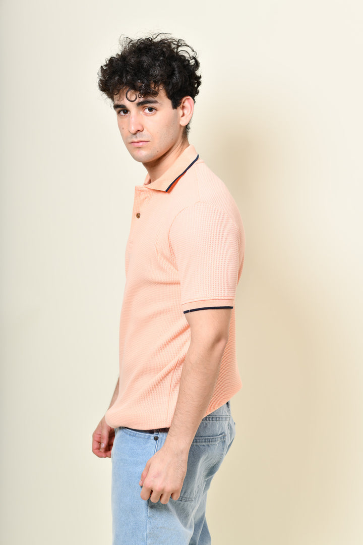 Playera Tipo Polo Tela Waffle - Salmón
