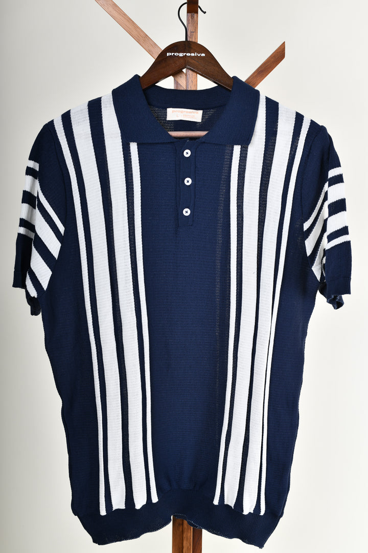 Playera Tipo Polo - Tejida ( azul marino - blanco )