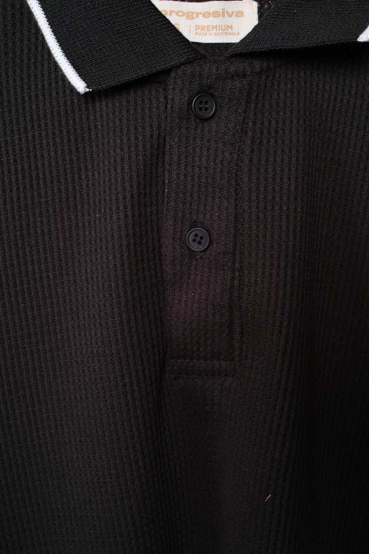 Playera Tipo Polo Tela Waffle - negro
