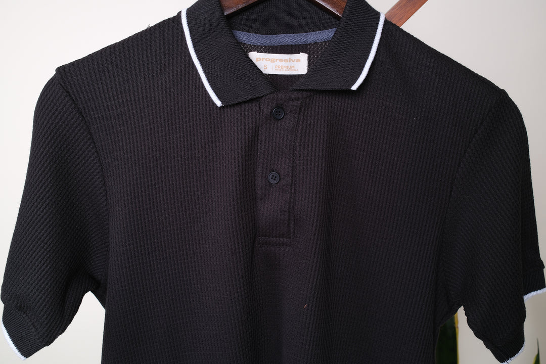 Playera Tipo Polo Tela Waffle - negro
