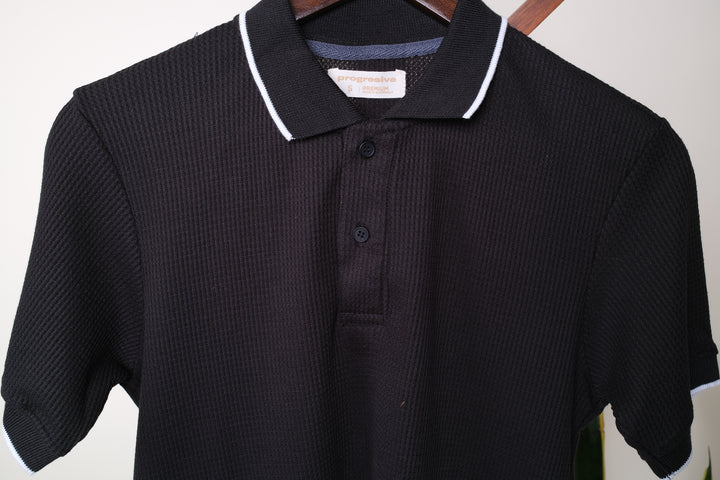 Playera Tipo Polo Tela Waffle - negro