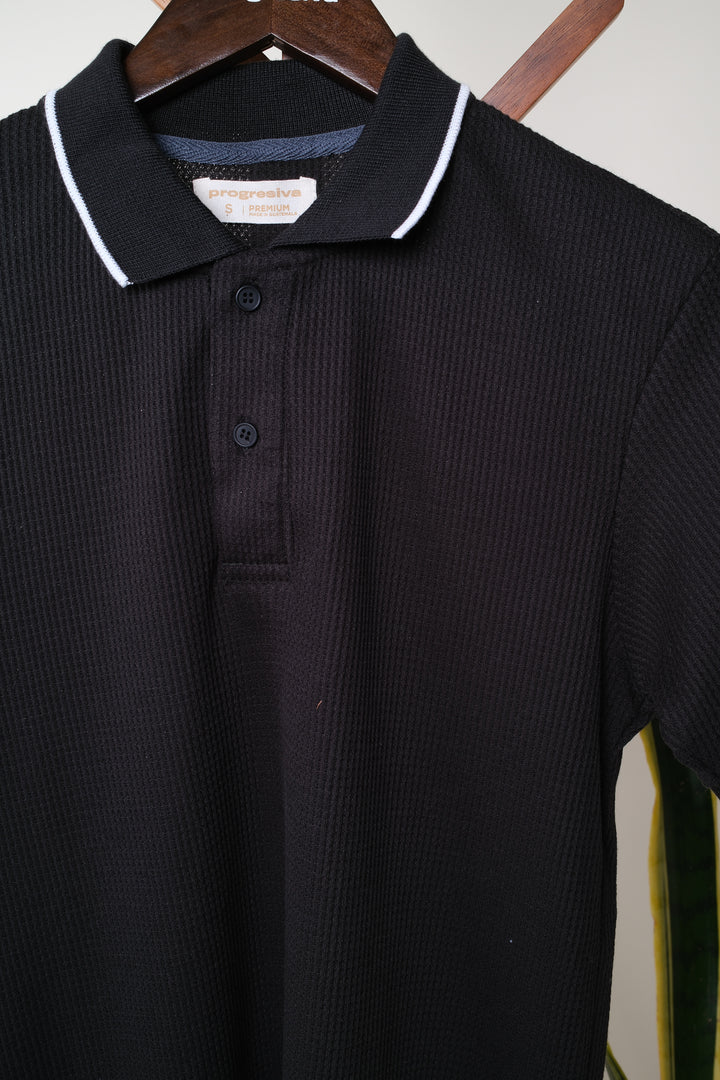 Playera Tipo Polo Tela Waffle - negro