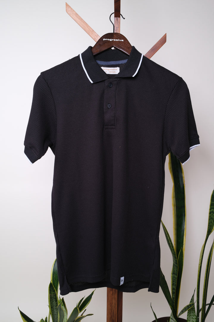 Playera Tipo Polo Tela Waffle - negro