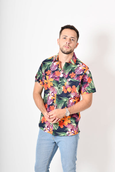 Camisa tropical de flores - verde rosa naranja
