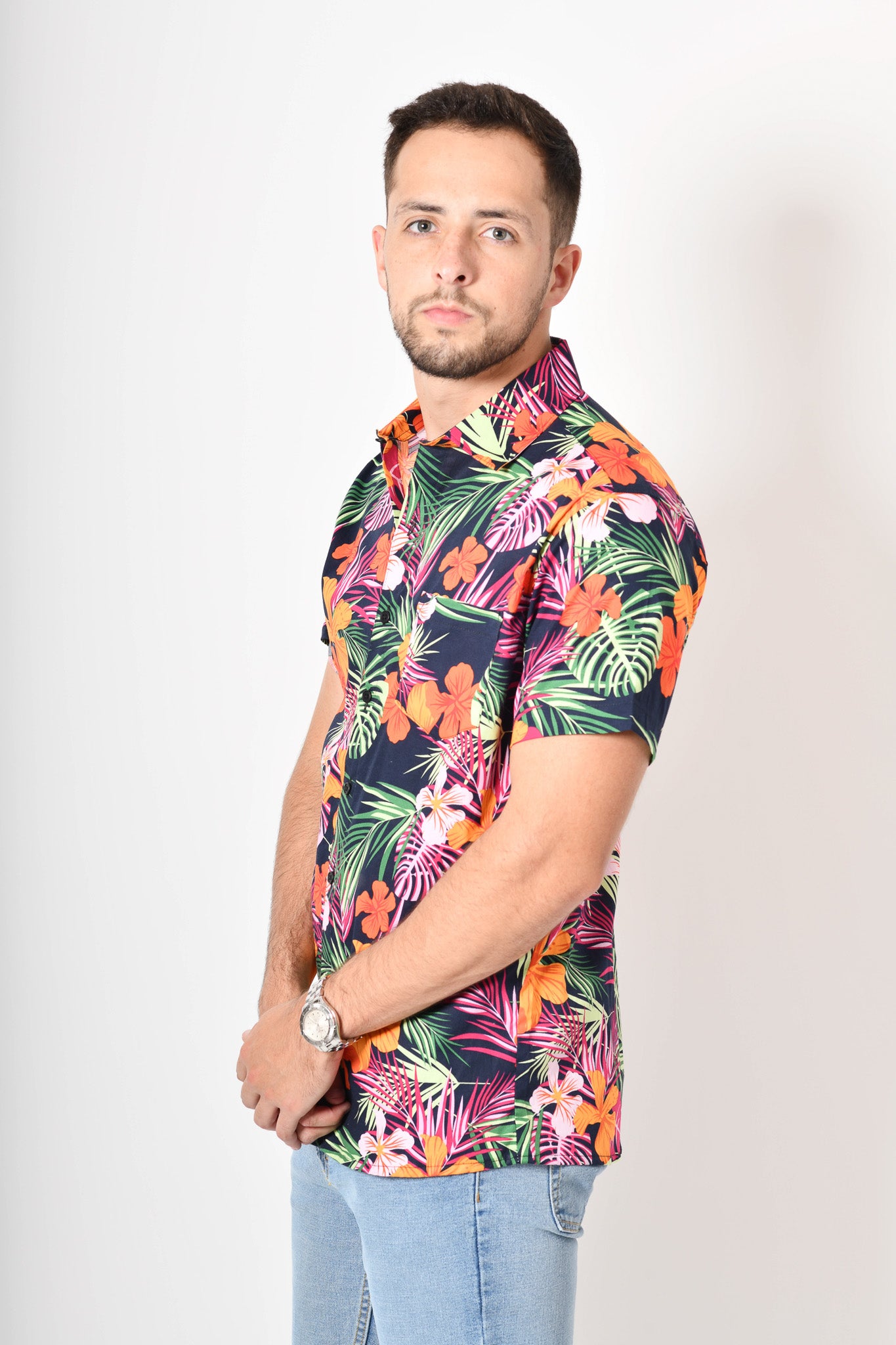 Camisa tropical de flores - verde rosa naranja