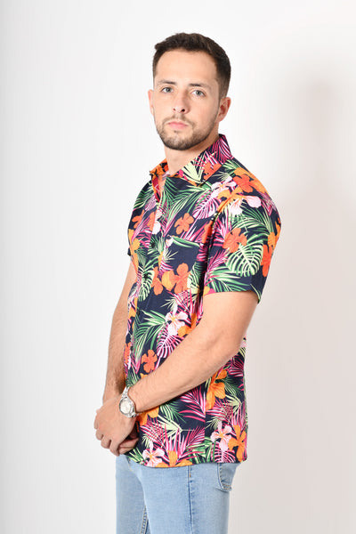 Camisa tropical de flores - verde rosa naranja
