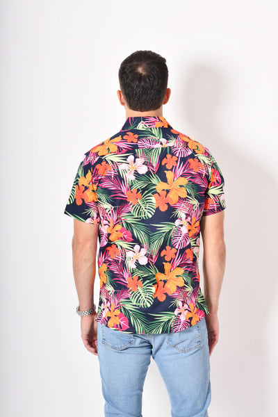 Camisa tropical de flores - verde rosa naranja