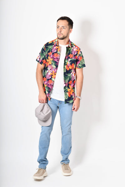 Camisa tropical de flores - verde rosa naranja