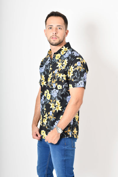 Camisa tropical de flores - negra morada