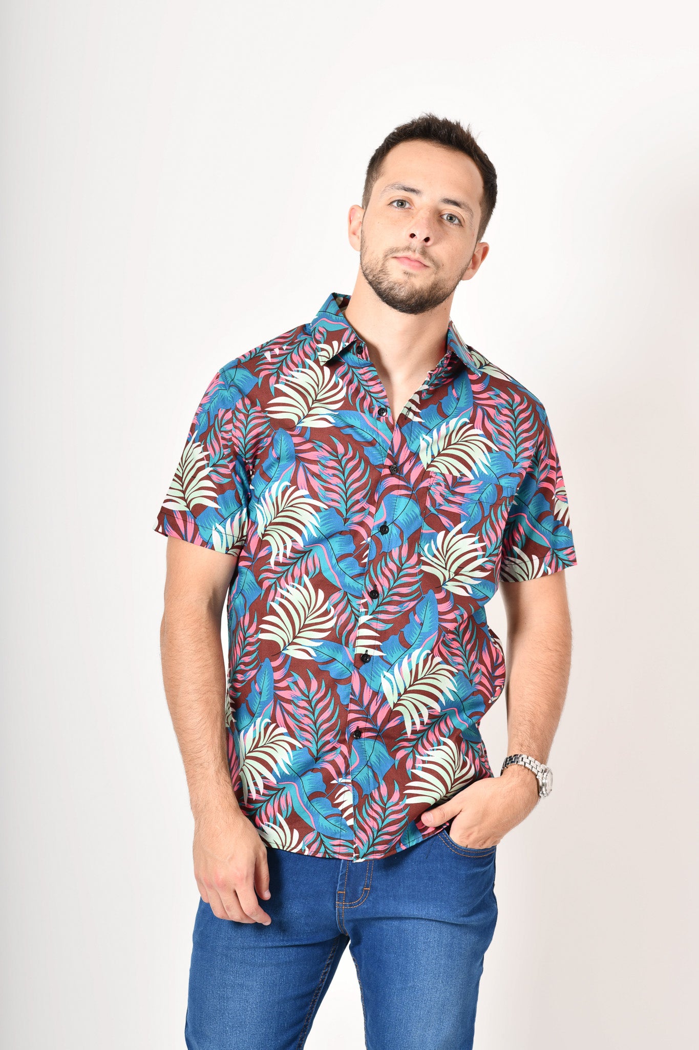 Camisa tropical de flores - turquesa corinta