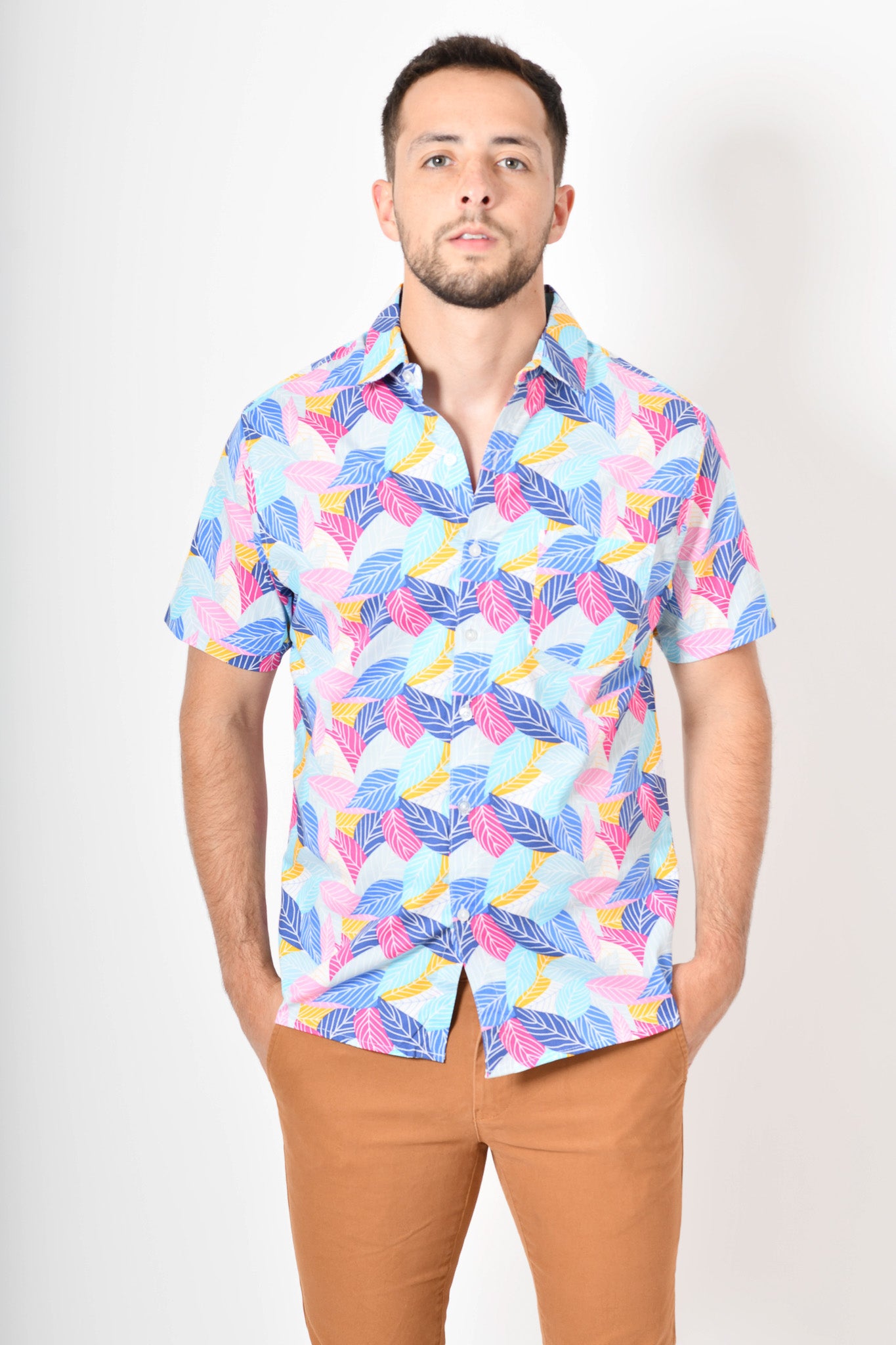 Camisa tropical de flores - celeste amarillo
