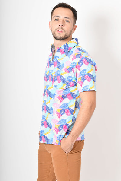 Camisa tropical de flores - celeste amarillo