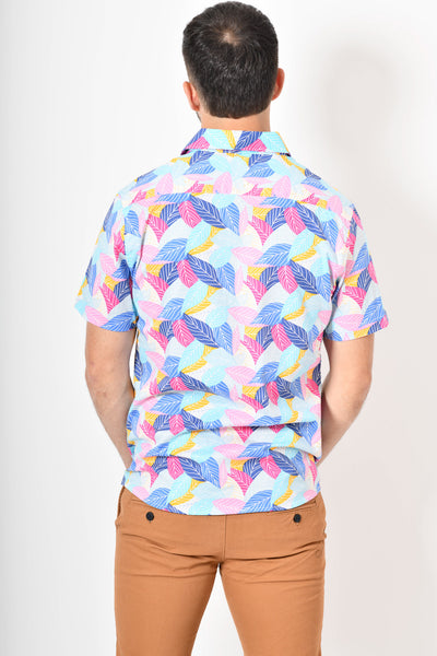 Camisa tropical de flores - celeste amarillo