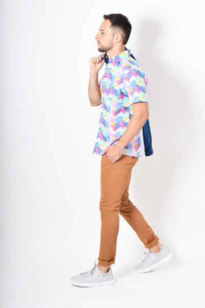 Camisa tropical de flores - celeste amarillo