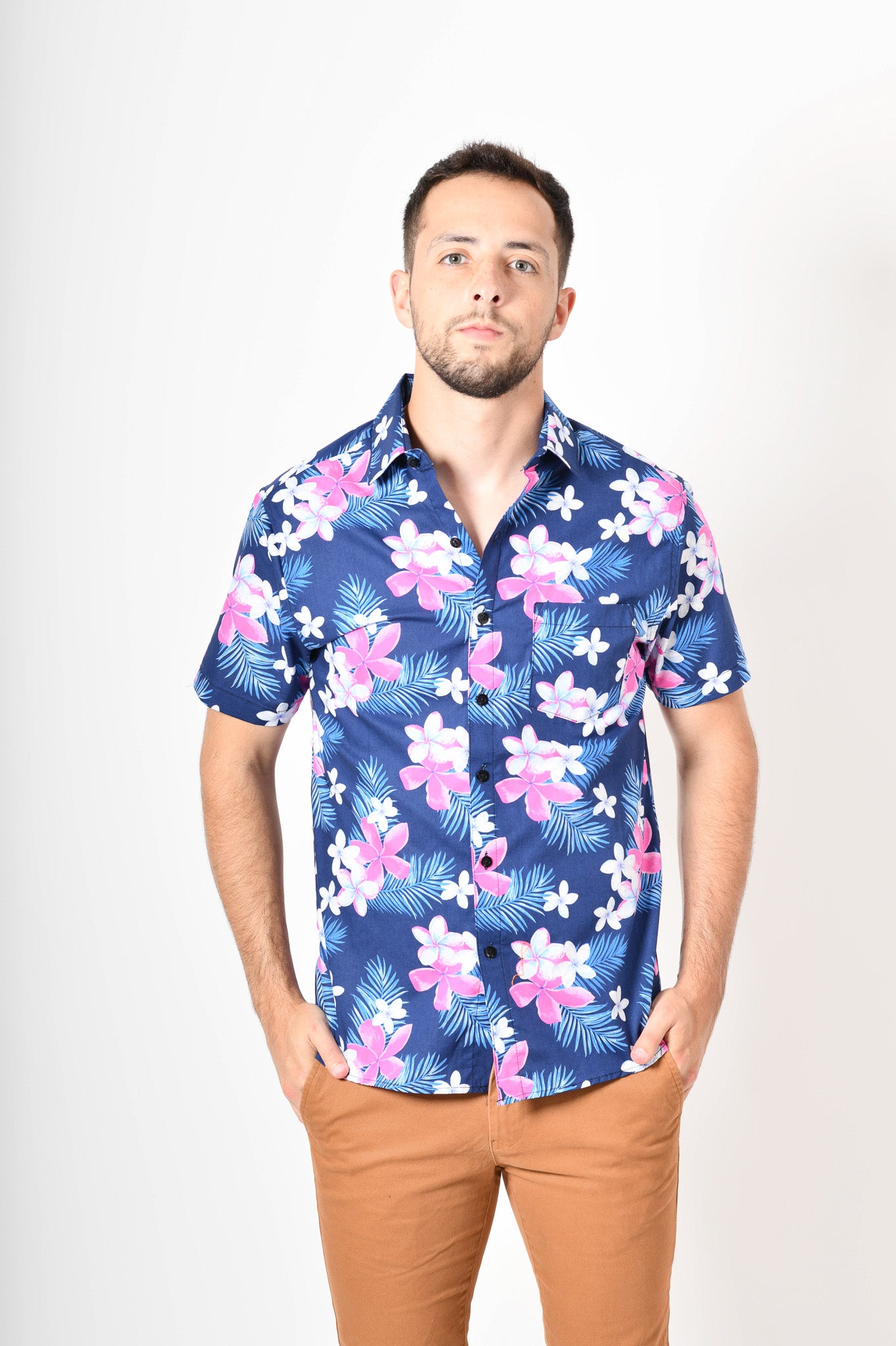 Camisa tropical de flores -  Azul rosa