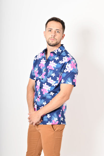 Camisa tropical de flores -  Azul rosa