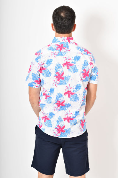 Camisa tropical de flores -  blanca palo rosa