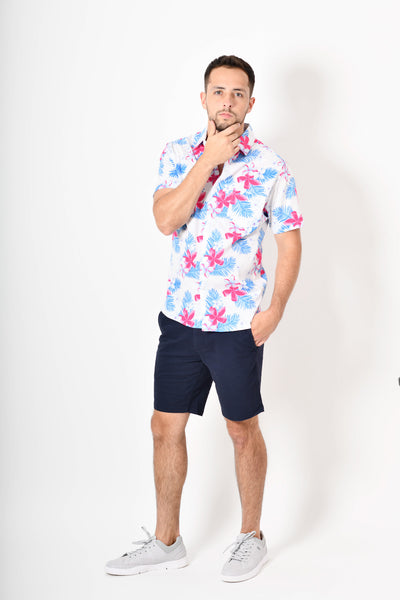 Camisa tropical de flores -  blanca palo rosa