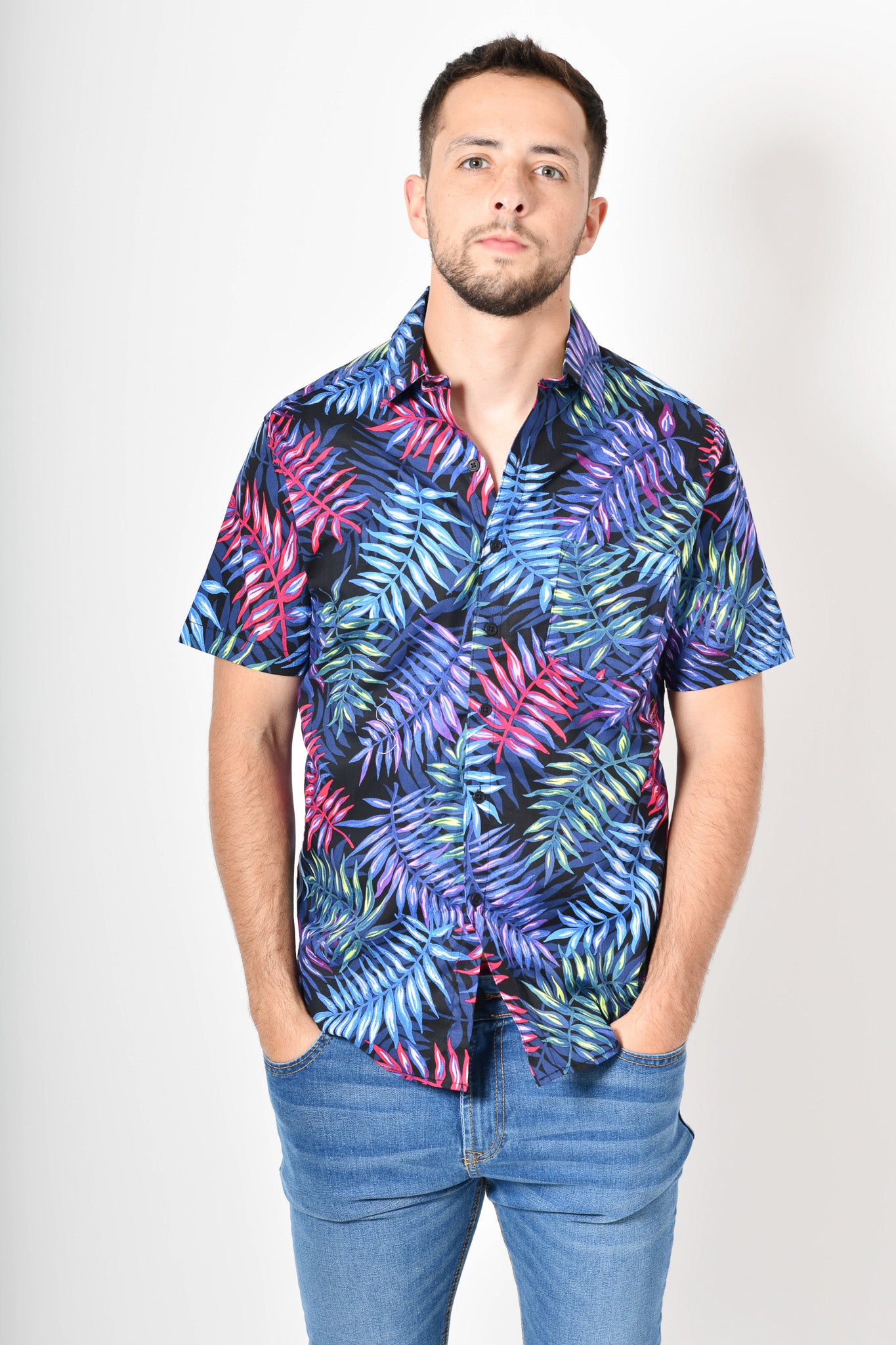 Camisa tropical de flores -  azul morado verde