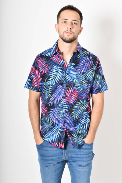 Camisa tropical de flores -  azul morado verde