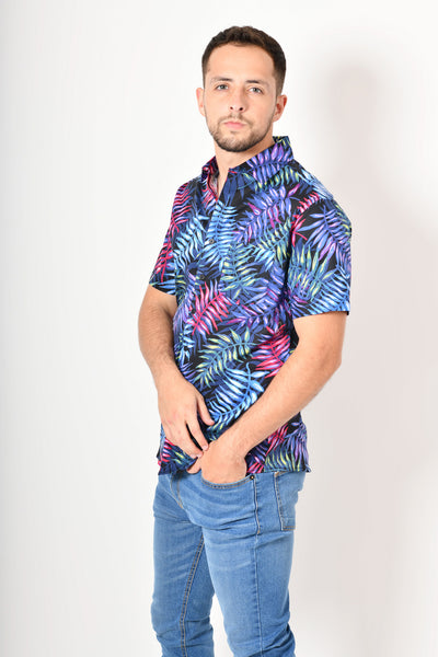 Camisa tropical de flores -  azul morado verde