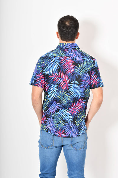 Camisa tropical de flores -  azul morado verde