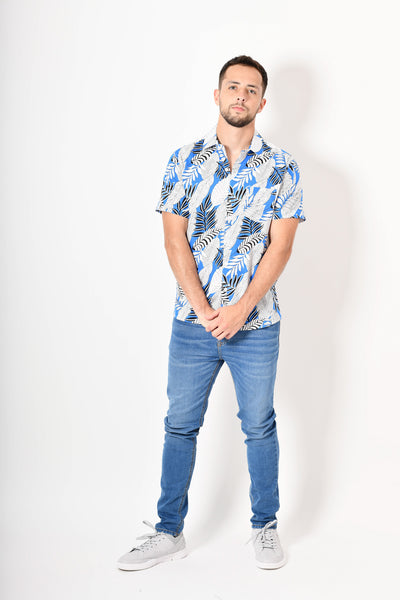 Camisa tropical de flores -  blanca azul