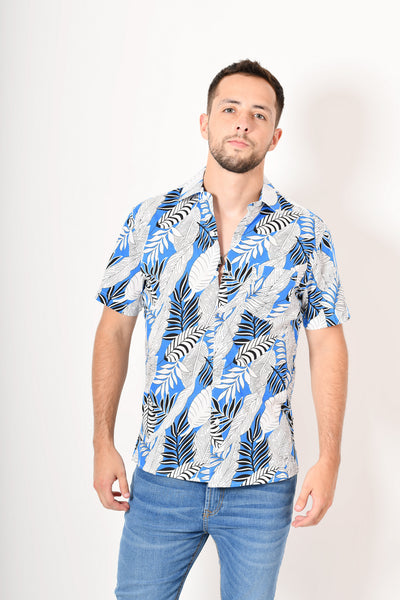 Camisa tropical de flores -  blanca azul