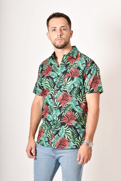 Camisa tropical de flores - verde roja