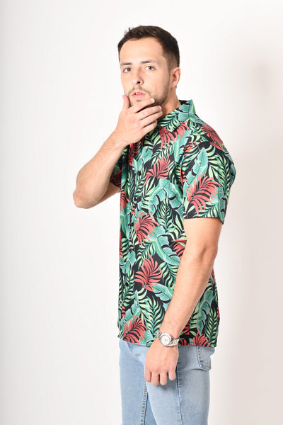 Camisa tropical de flores - verde roja