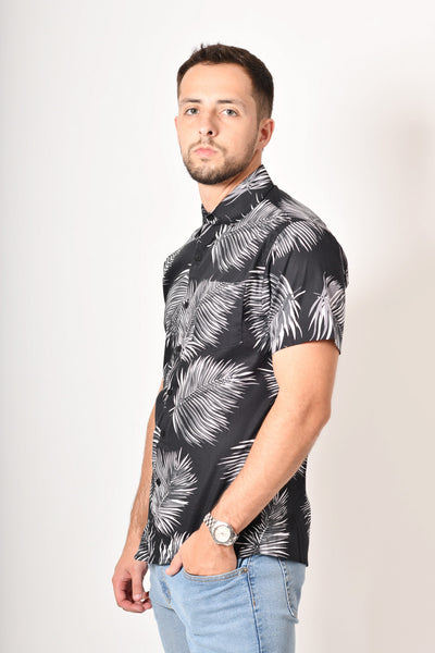 Camisa tropical de flores - negra gris
