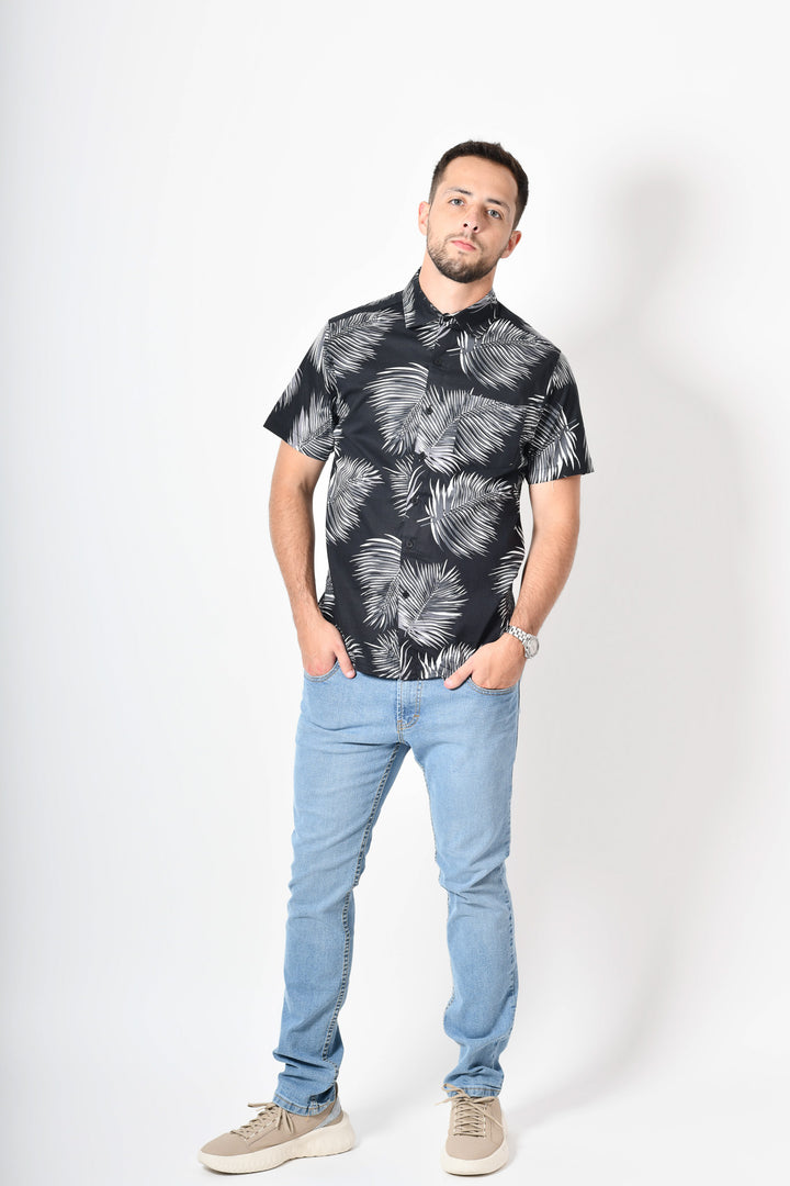 Camisa tropical de flores - negra gris