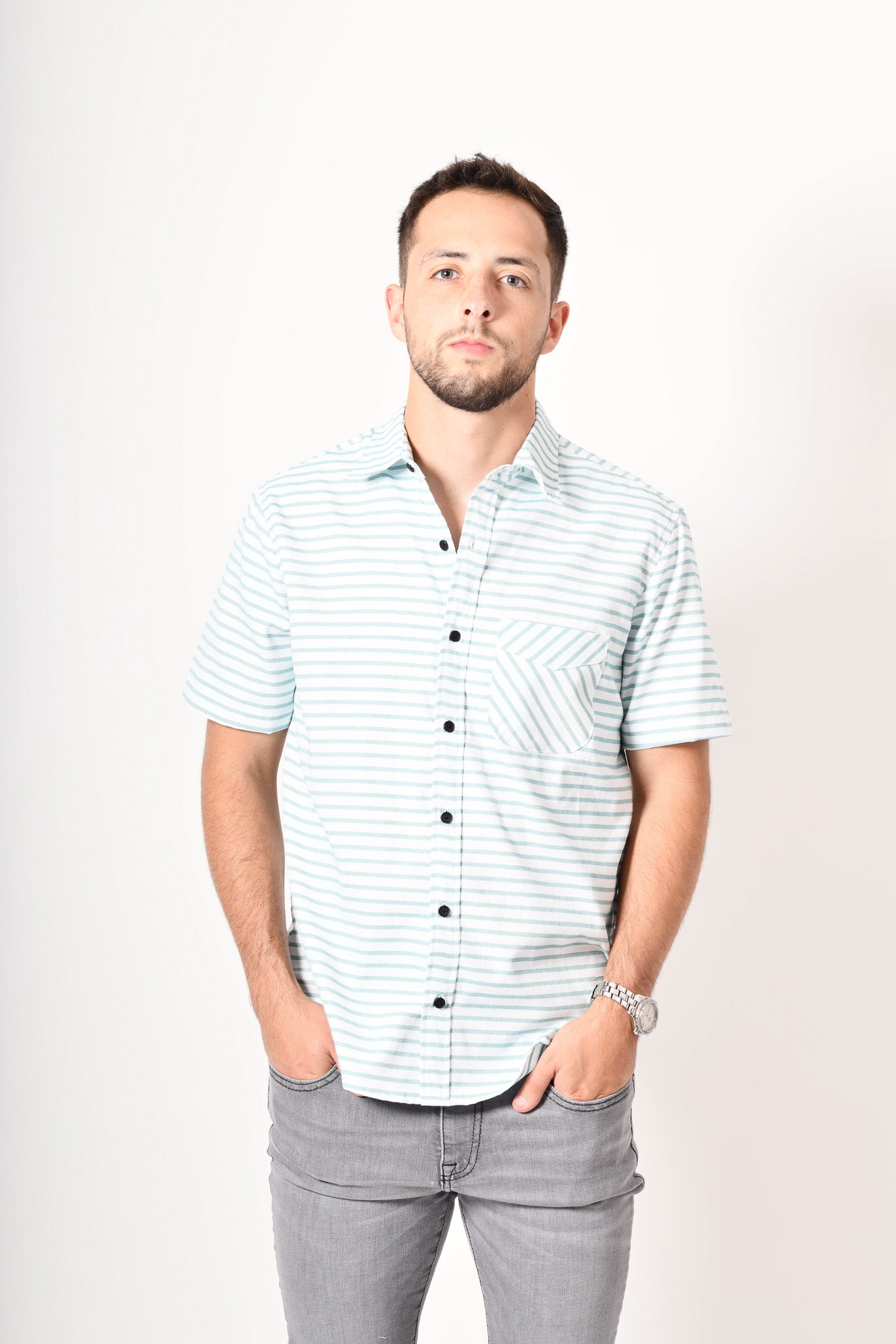 Camisa premium -  blanca rayas verdes