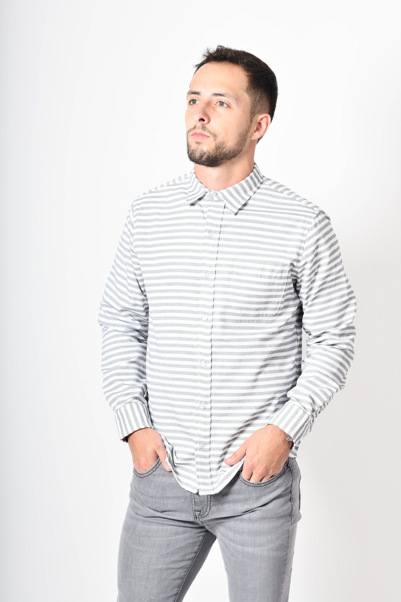 Camisa premium -  blanca rayas gris