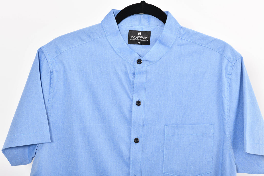 Camisa oxford manga corta cuello chino - azul